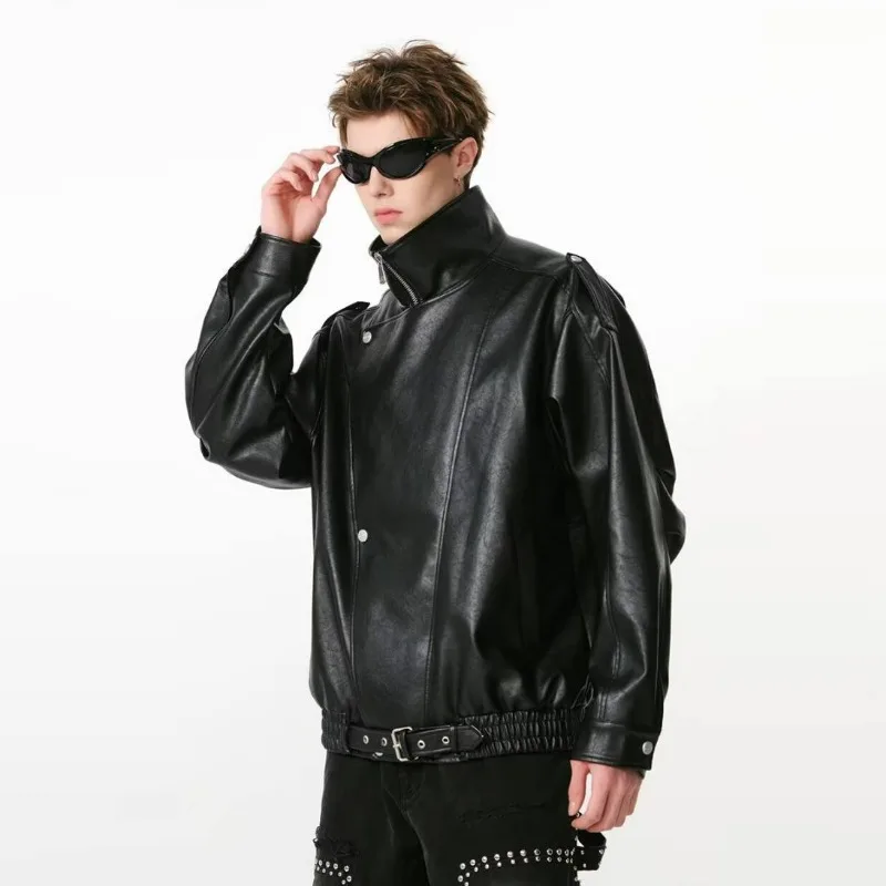 KIDWHXR Men Leather Jacket Autumn Streetwear Punk Turn Down Collar Man Coat Windproof Loose Long Sleeve Zipper Male Outerwear