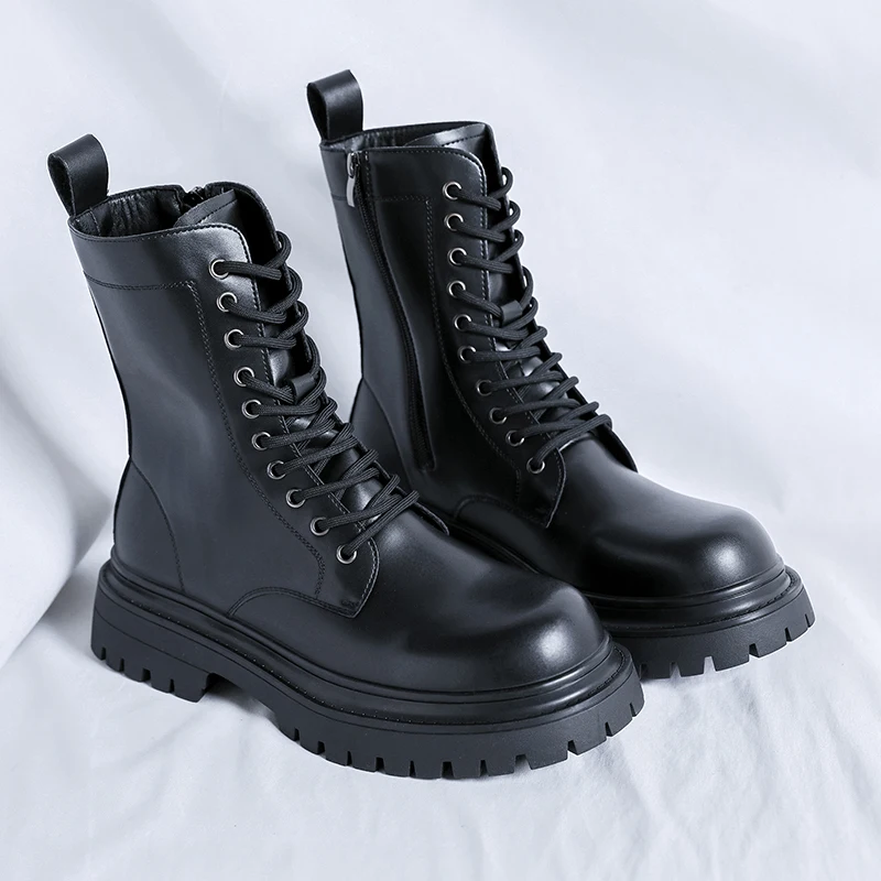 Dicke Sohlen Plattform Männer Echtes Leder Stiefel Luxus Designer Runde Kappe High Top Stiefel Mode Trends Straße Seite Zipper Schuhe