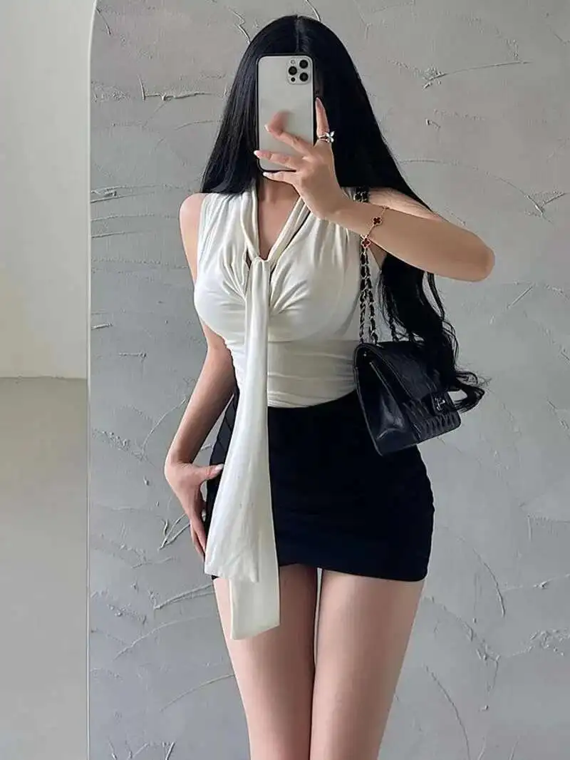 

Pure Desire Spicy Girl Sexy Pile Collar Strap Slim Wrinkled Waist Sleeveless Tank Top Sweet Fashion Sexy Women Tops W7YO