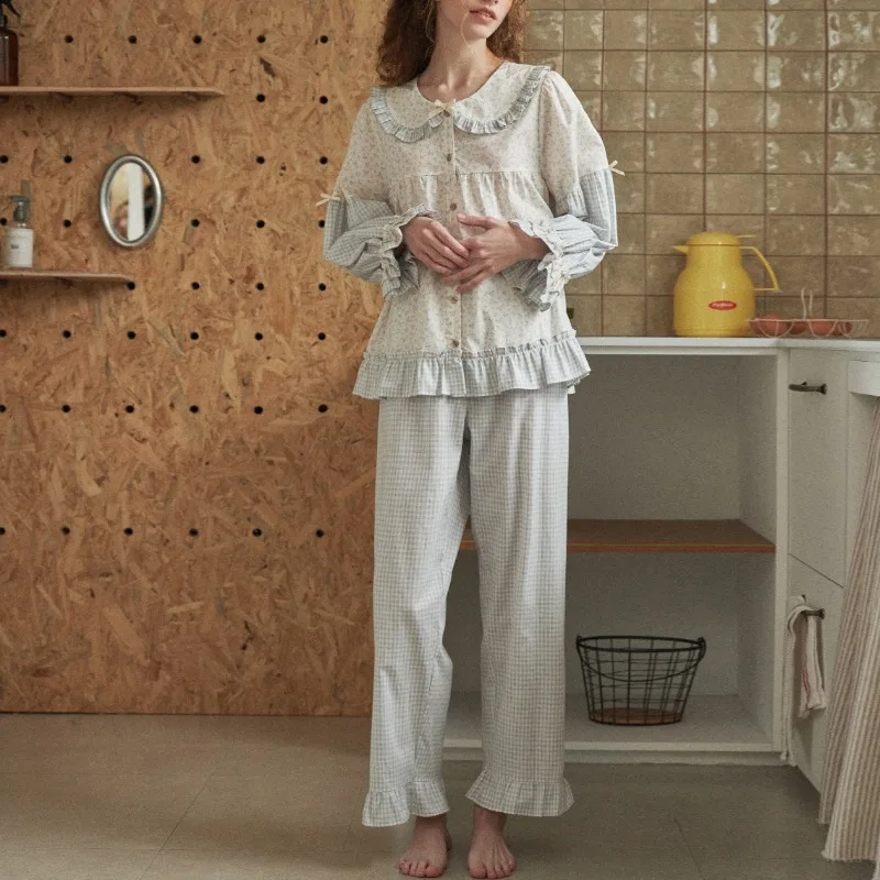 Women's Korean Autumn Pajamas Sweet Splicing Doll Collar Long Sleeves Trousers Lounge Wear Outdoor Wear 2 Piece XL Size Princess