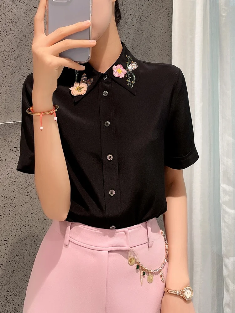 

Summer Silk irt Heavy Embroidery Bla ort Sve Women's Collar Straight Cut Faionable Ele Casual Wear