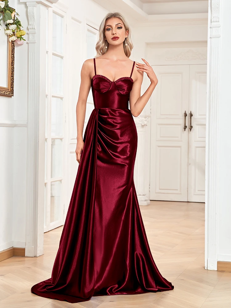 2023 Satin Spaghetti Straps Mermaid Evening Dress Luxury Celebrity High Split Sexy Long Trailing Prom Dress Beaded Party Gown