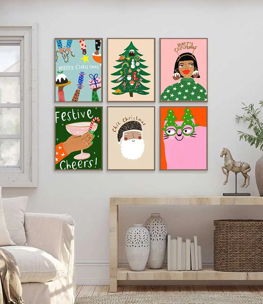 1PC frameless decorative art print,Wall Art Canvas Painting Merry Christmas Tree Gifts Santa Cat Nordic Posters And Prints Pictu