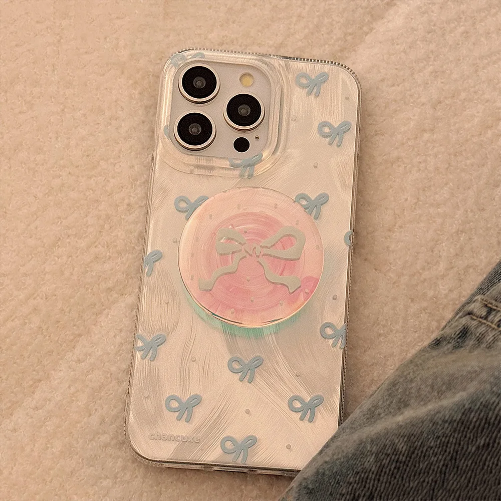 Korean Blue Bowknot Phone Case With Laser Bracket For iPhone 17 Air 15 14 13 12 11 16 Pro Max Shockproof Protective Hard Cover - view 6