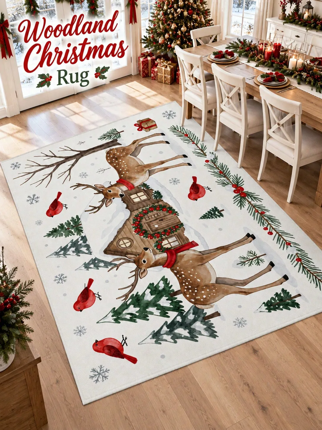 Christmas Rug Deer Cabin Cardinal Pine Floor Decor Carpet Living Room Bedroom Dining Area Entryway Apartment Cottage Winter Home Styling Beside Sofa Armchair Housewarming Birthday Gift for Family Friends Neighbors Homeowners Holiday Dinner Gatherings - view 4