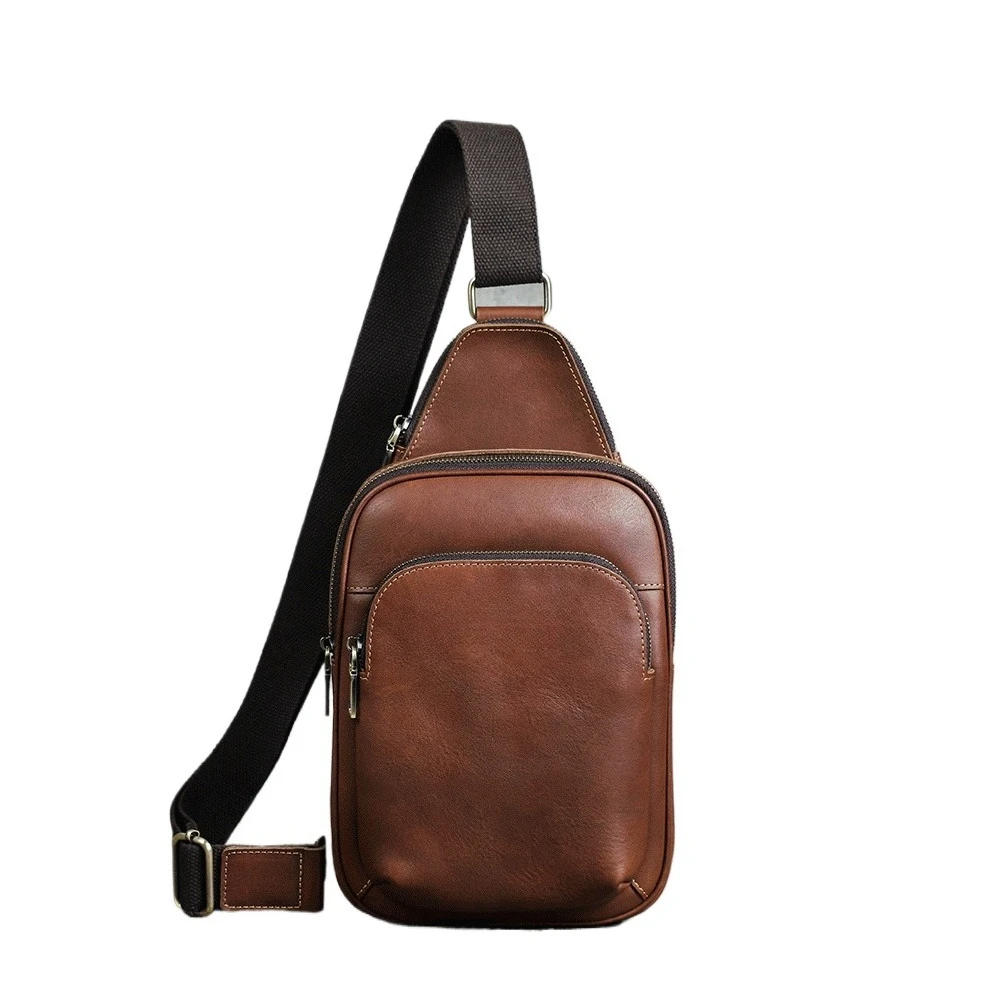 

Vintage full-grain oiled leather suspender men's small messenger men's multi-zipper chest bag shoulder bag