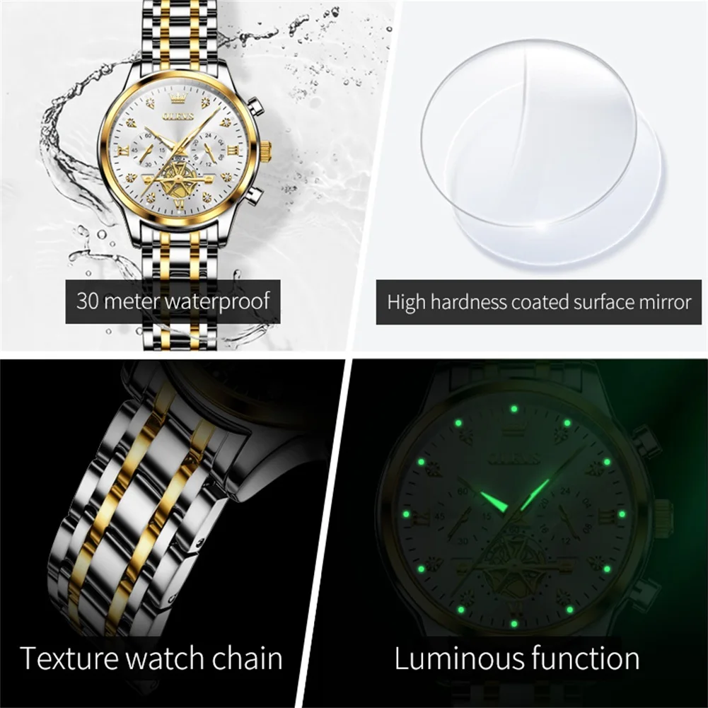 OLEVS-Relojes de pulsera de lujo para pareja, cronógrafo de acero inoxidable, resistente al agua, diseño de volante, fase lunar