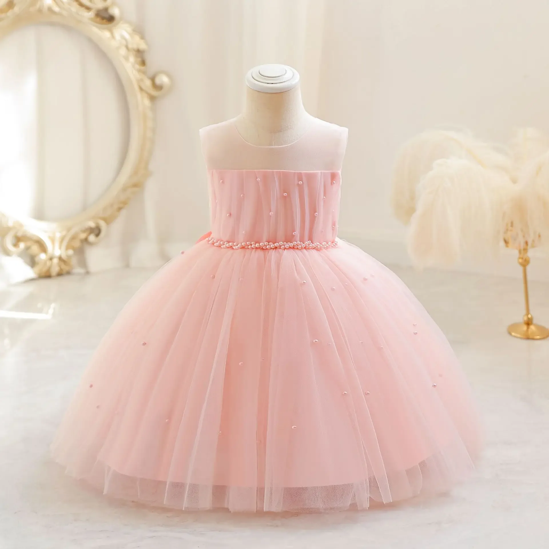 

Beading Girl Princess Dresses Peach Tulle Baby Girl One-piece Gown Sleeveless Lace Wedding Kids Clothing For 1-5 Years Birthday