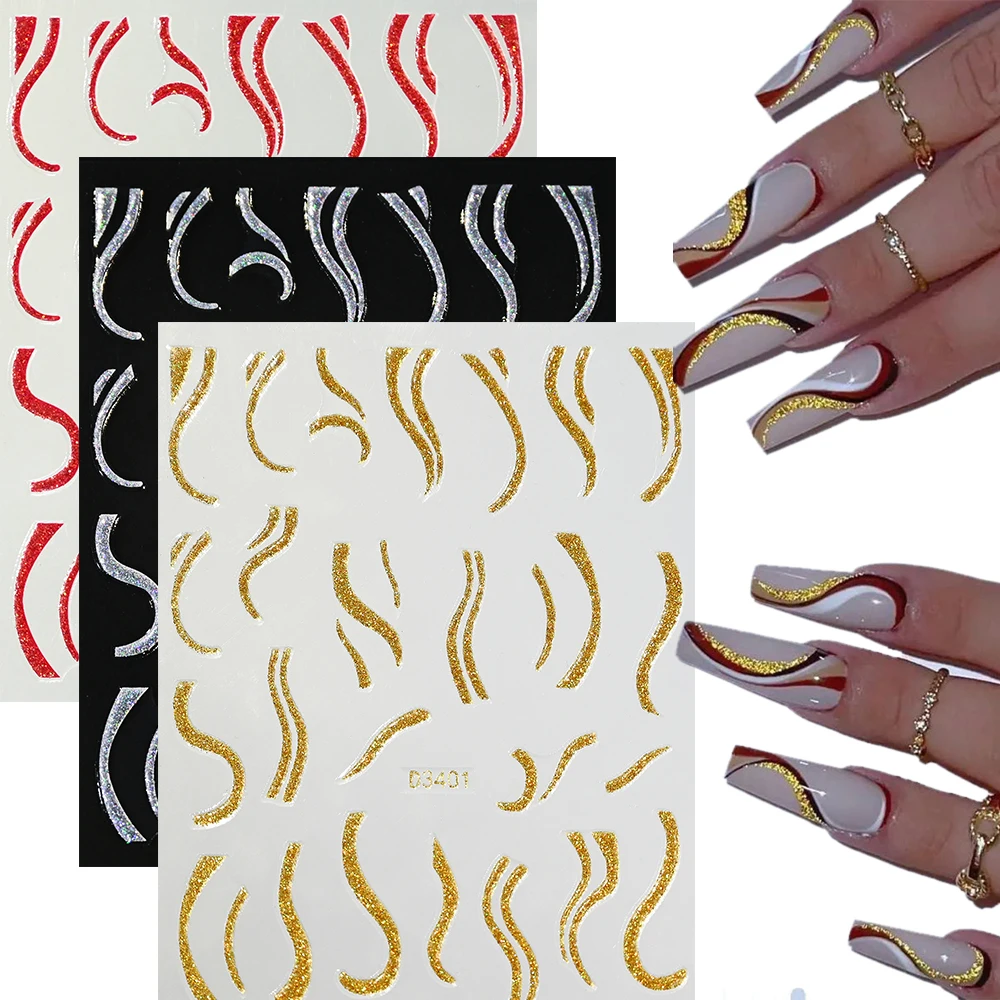 Pegatinas 3D brillantes para uñas, líneas onduladas brillantes reflectantes, pegatinas para uñas francesas, calcomanías deslizantes para manicura de invierno, color dorado, plateado y rojo