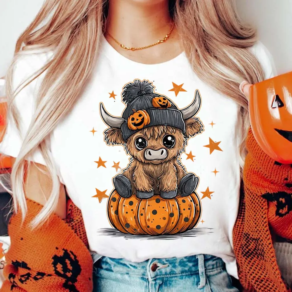 Halloween Cute Highland Cow Women's Popular Graphic T-Shirt Fashion Short Sleeve O-Neck T-Shirt New Funny Clothing T-Shirt