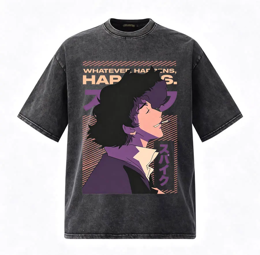 Anime Cowboy Bebop Spike Spiegel Vintage Washed Graphic T Shirt Men Women Clothing Casual Fashion Short Sleeve Oversized T-shirt