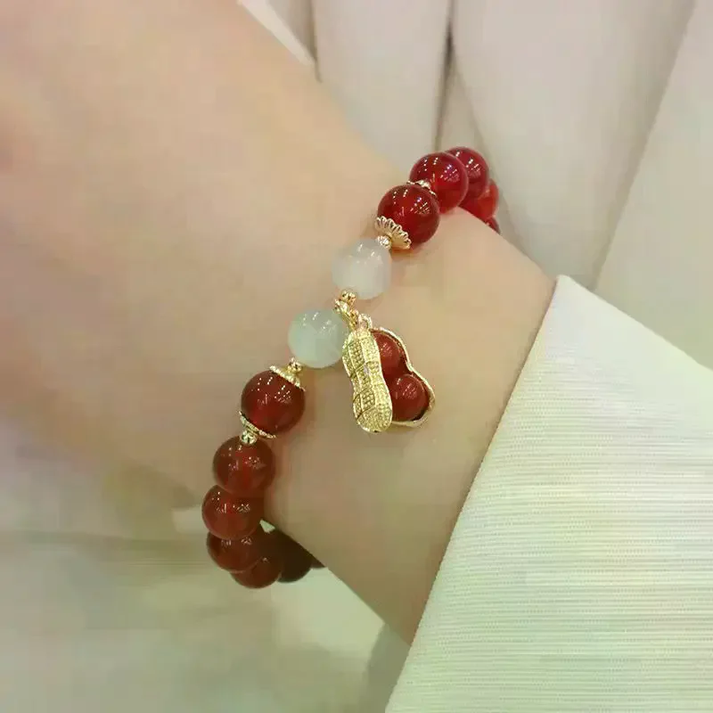 New Year Lucky Beaded Bracelet Elegant Red Beads Peanut Pendant Charm Bangle Chinese Style Jewelry For Women Festival Gifts