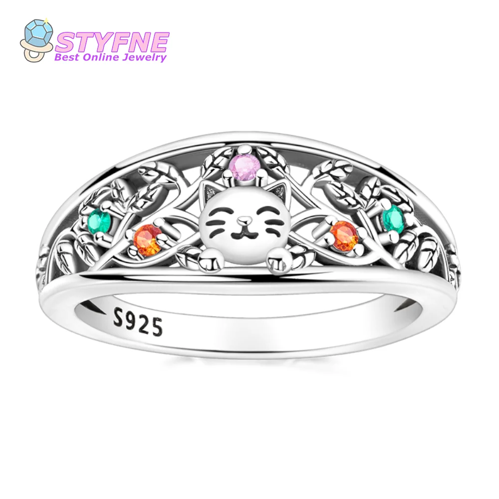 Original Women 925 Sterling Silver Cat Branch Leaf Ring Rings Jewelry Anniversary Birthday Fashion Gifts Official Website