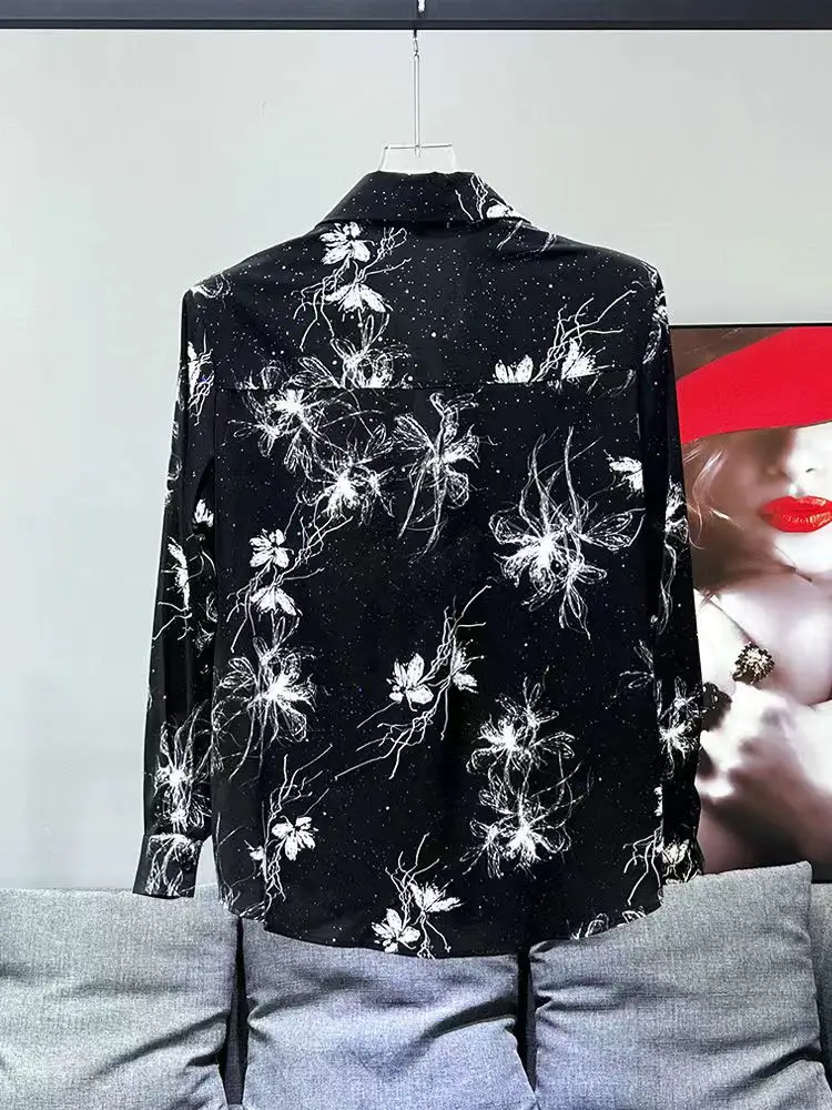 Y2K Autumn Man Vintage Print Social Black Shirts Luxury Mens Nightclub Hot Diamonds Long Sleeve Hawaii Dress Shirt Chemise Homme