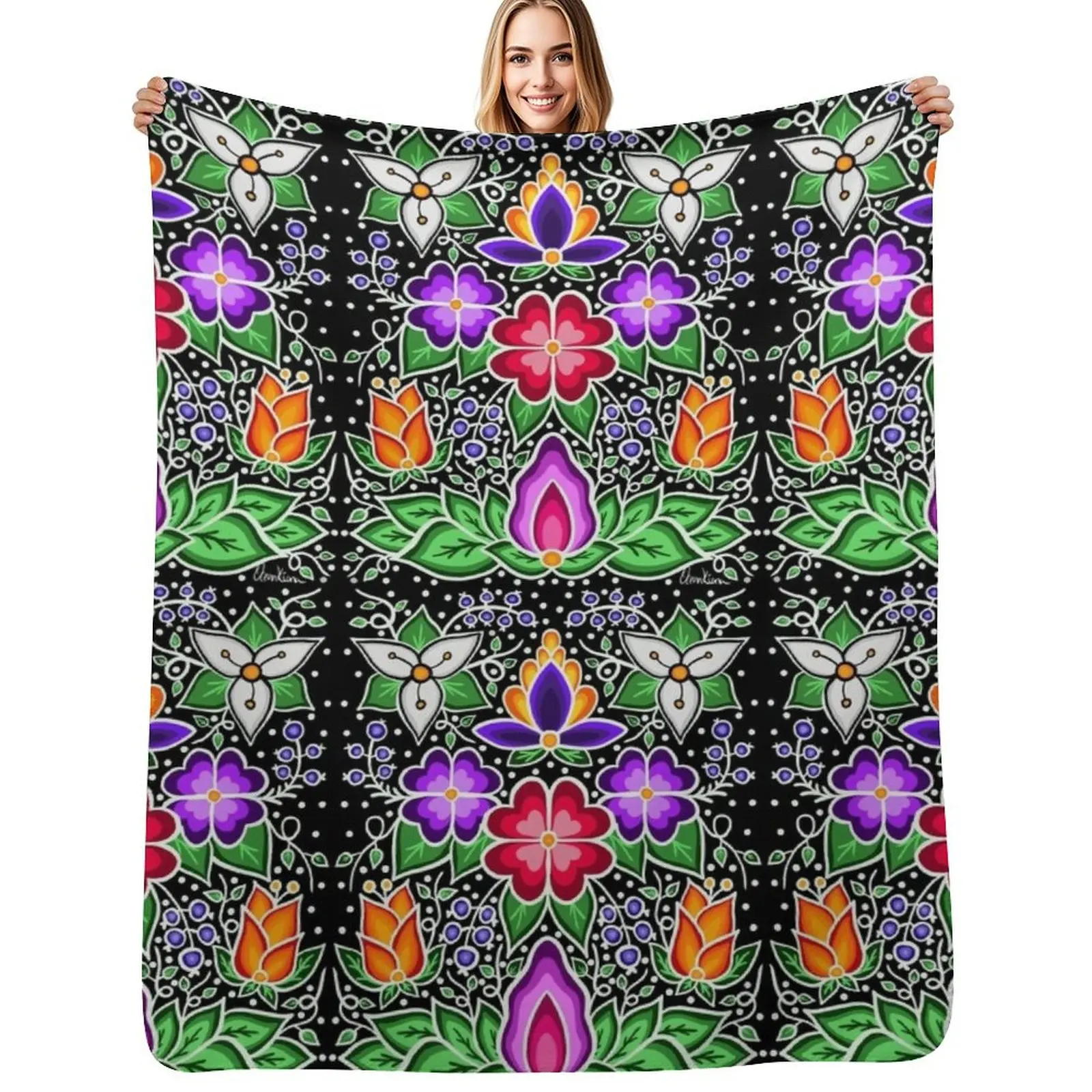 

Ojibway Florals Throw Blanket Plaid Personalized Gift Vintage Luxury Designer Blankets