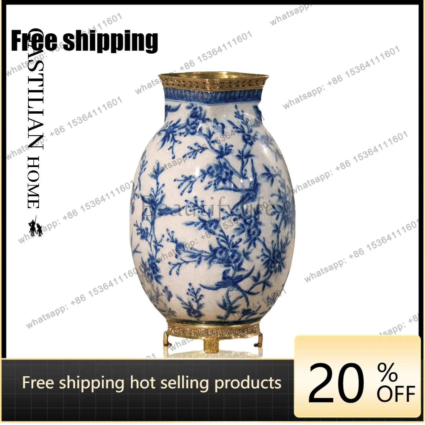 HOT light luxury high sense blue and white porcelain lantern vase ornament Bogu frame decoration C5988