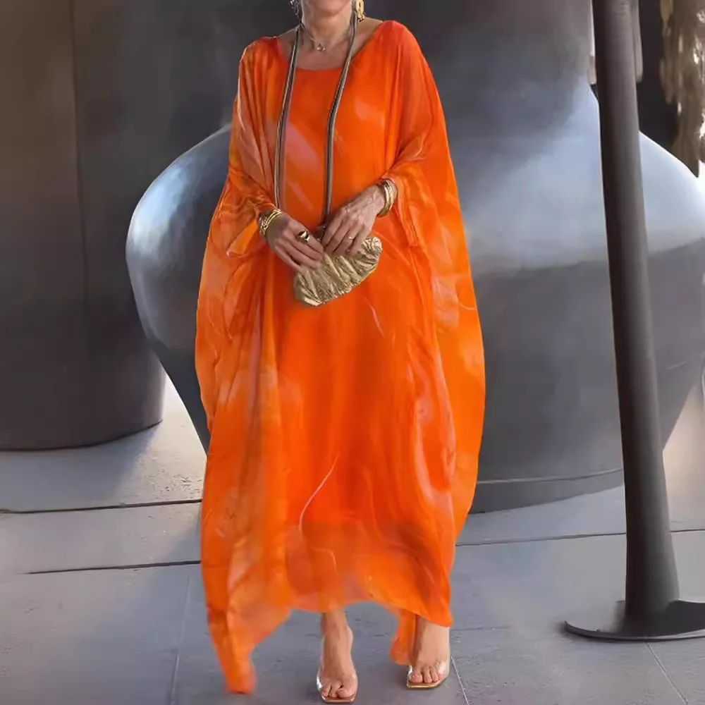 فستان نسائي لربيع وصيف 2025 جديد أنيق للتنقل من الشيفون مطبوع عليه نسيج رخامي وأكمام طويلة فساتين طويلة غير منتظمة