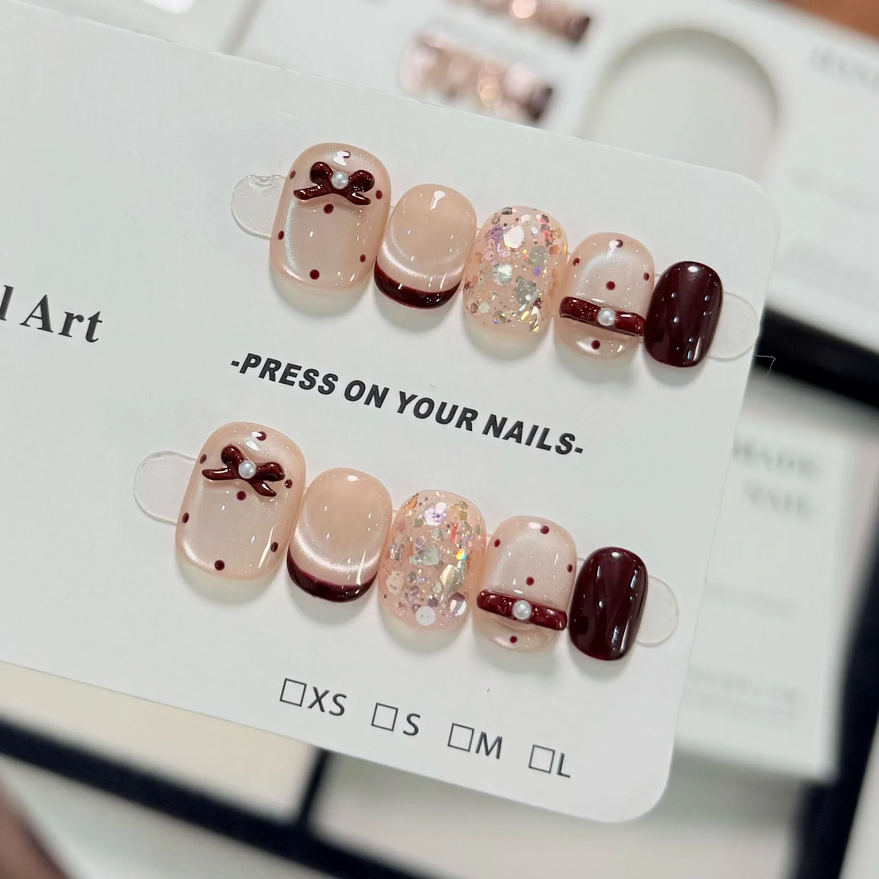 10pcs Handmade Press on Nails French Polka Dot Cat's Eye Bow Full Coverage Nail Pieces Short Oval Nail Art for Women&Girls Wear