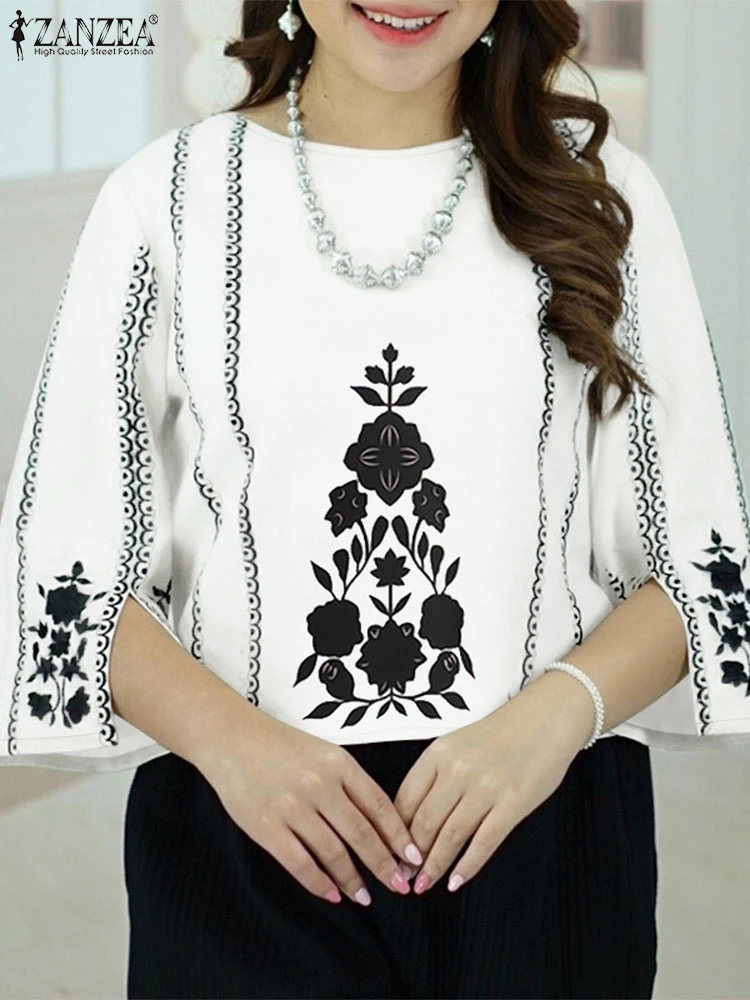 

ZANZEA Woman Casual Contrast-Color Printing Blouses 2025 Summer O-Neck 3/4 Sleeve Slit-Cuffs Blusas Mujer Day Wear Commute Tops