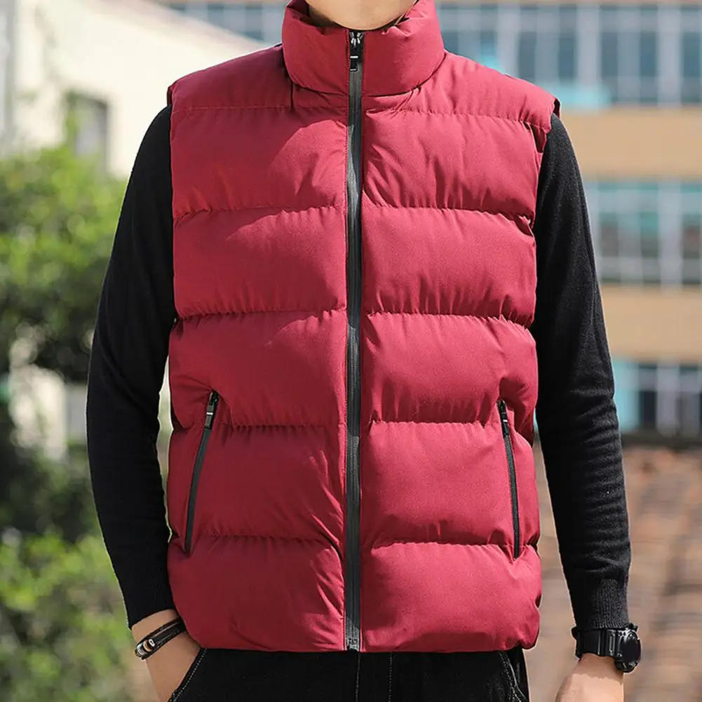 Men Vest Cotton Padded Stand Collar Slim Fit Sleeveless Jacket Autumn Winter Plush Waistcoat Streetwear