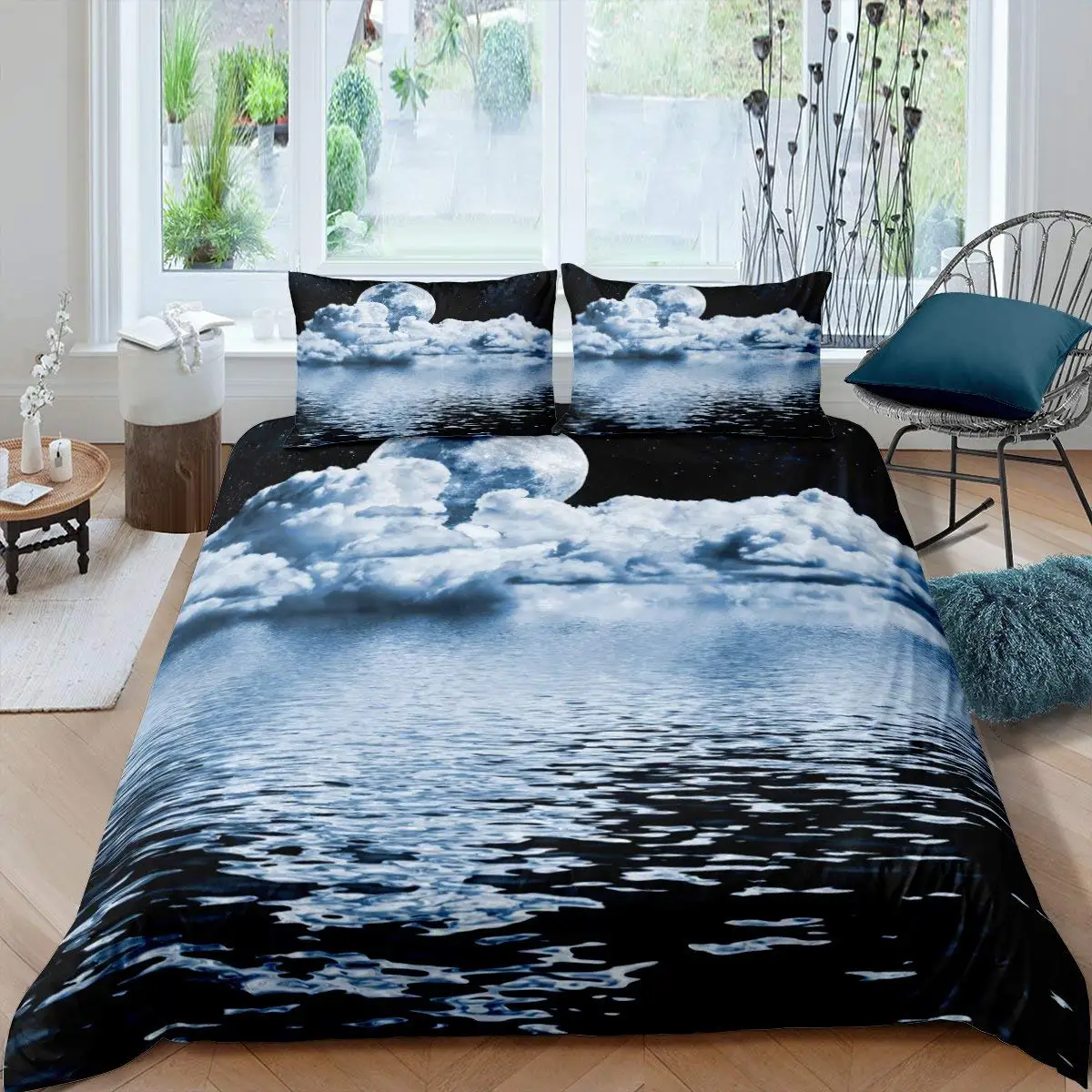 

Deep Ocean Duvet Cover,Seawater Bright Moon At Sea Starry Night Sky Galaxy Summer Hawaiian Holiday Comforter Cover,Bedding Set