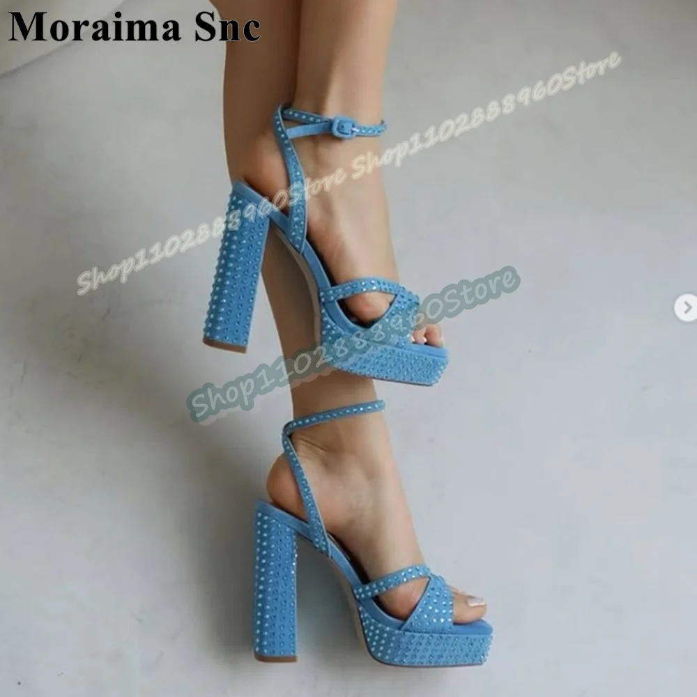

Blue Blingbling Cross Crystals Strap Platform Sandals Chunky High Heel Women Shoes Ankle Buckle Strap Open Toe Sparkling Sandals