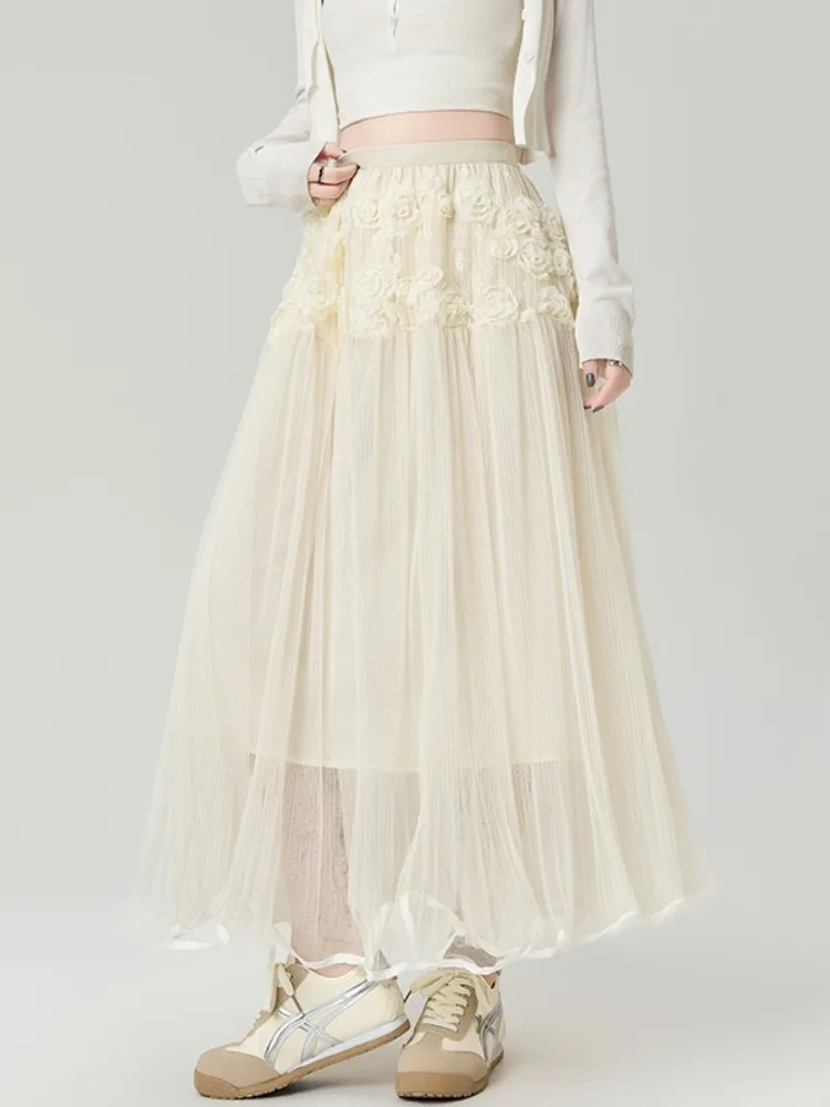 

Юбка макси А-силуэта с высокой талией, женская, летняя, новая модель, кружевная, пышная, многоярусная, элегантная, с драпировкой, с объемными цветами