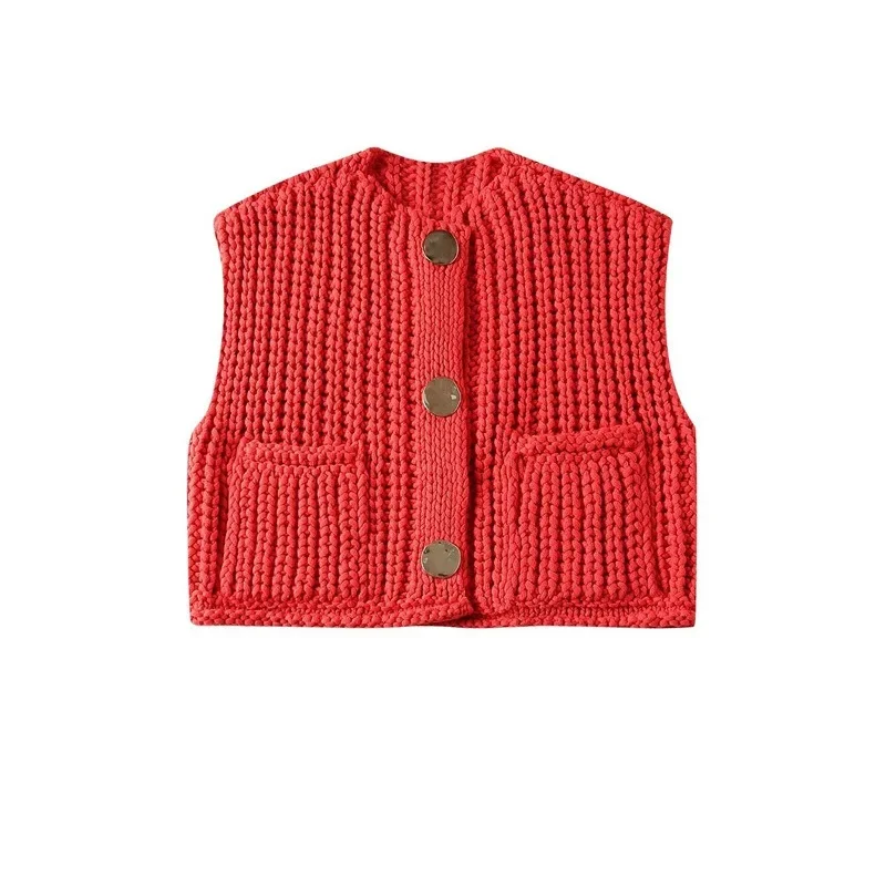 

Women Vest French Fashion Slim Fit Pocket Decoration Thick Needle Knitted Vest