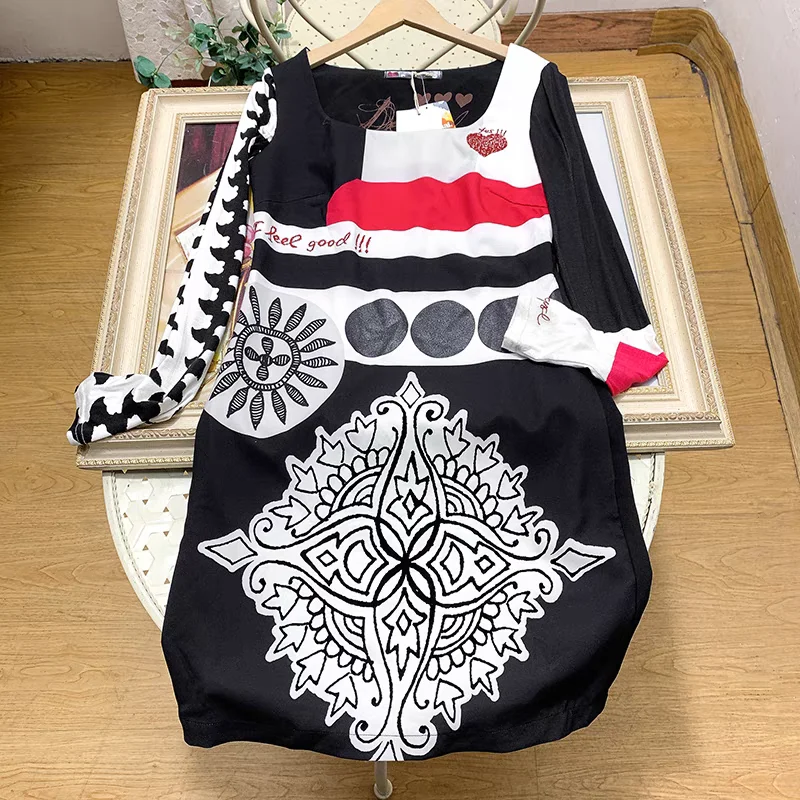 Foreign trade original single Spanish new vintage print positioning waist patchwork dress