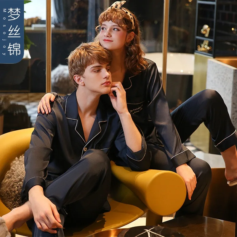 

New Couple Sleepwear Women's Autumn Silk Men's Long Sleeve Long Pants plus Size Home Clothes Set Polyester Fiber Neutral