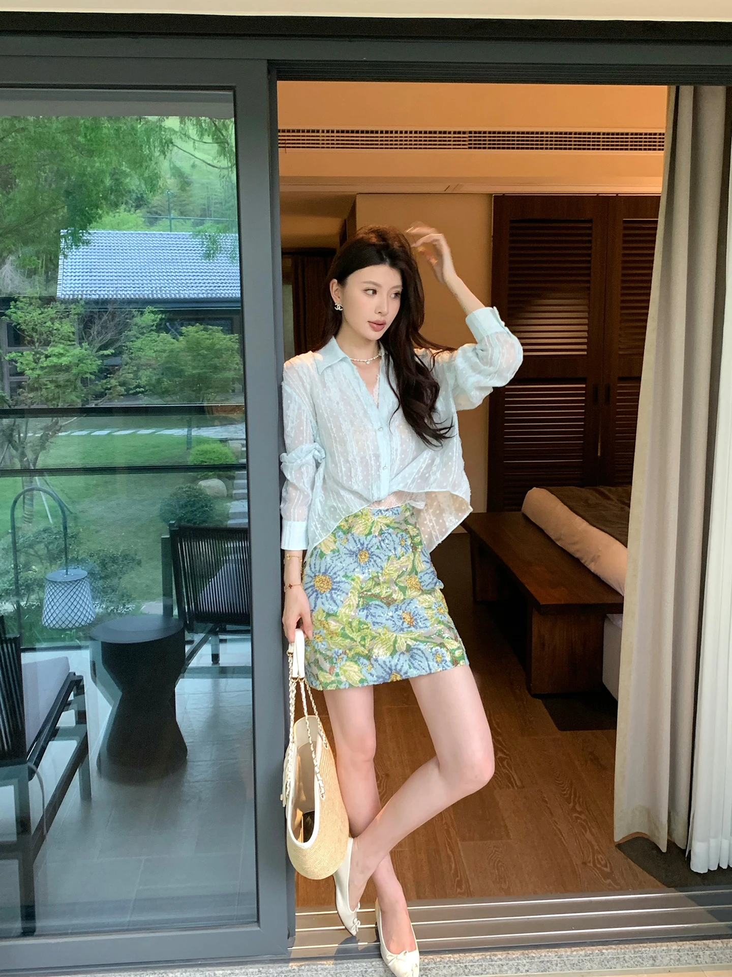 

Blue Polka Dot Lace Shirt Vest Set Women Summer Inner Wear Two Piece Set High Waist round Neck Long Sleeve Fashionable Ensemble