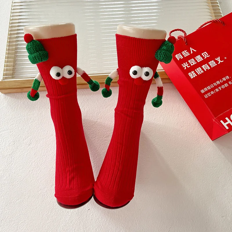 Classic Christmas-Themed Magnetic Socks Cute Cartoon Eye-Printed Hand-Holding Cotton Knee-High Socks Unisex Chic Christmas Gifts