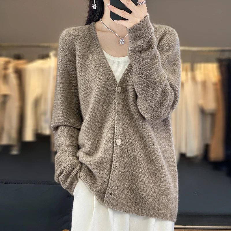 

Women's V-Neck Pure Cashmere Cardigan, High-End Sweater, Loose, Lazy Wool, Long-Sleeved, Knitted Coat, Fall, Winter