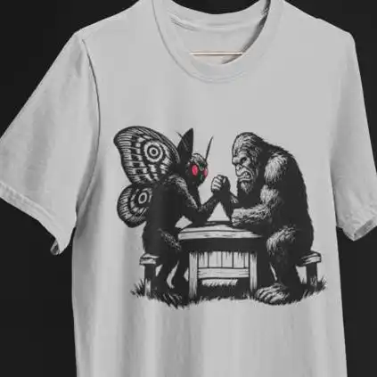 Bigfoot V Mothman Shirt Funny Cryptid Arm Wrestling T-Shirt Men's Graphic Tee Dad Tshirt Creature Gift for Camping