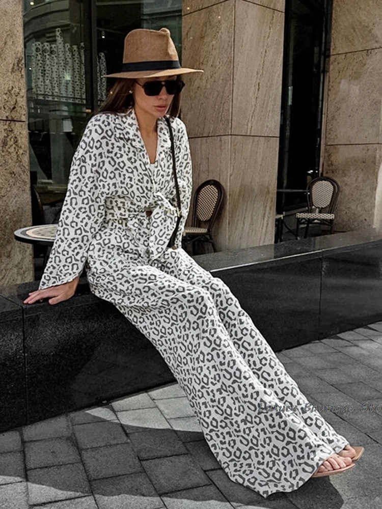 High Street Leopard Print Spodnie Zestawy Koszule z długim rękawem i klapami + Spodnie z szerokimi nogawkami 2-częściowy zestaw Jesienny elegancki