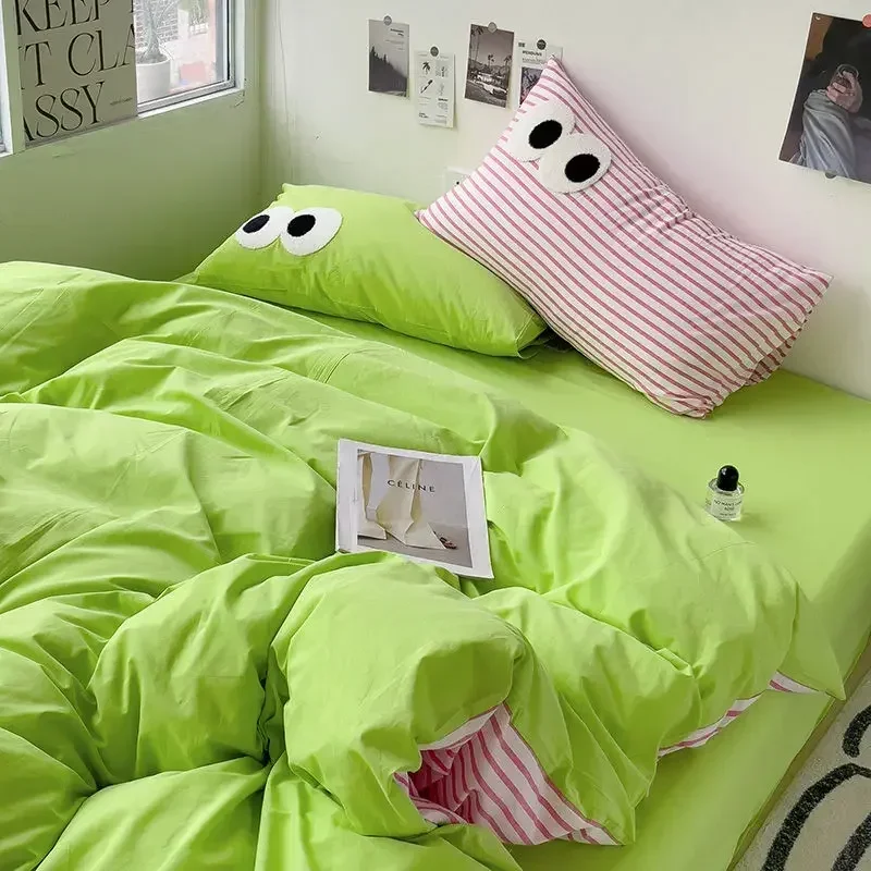 Korean Duvet Cover Set No Filler Pink Green Strips Cute Eyes Flat Sheet Pillowcase Single Double Size Boys Girls Bed Linen