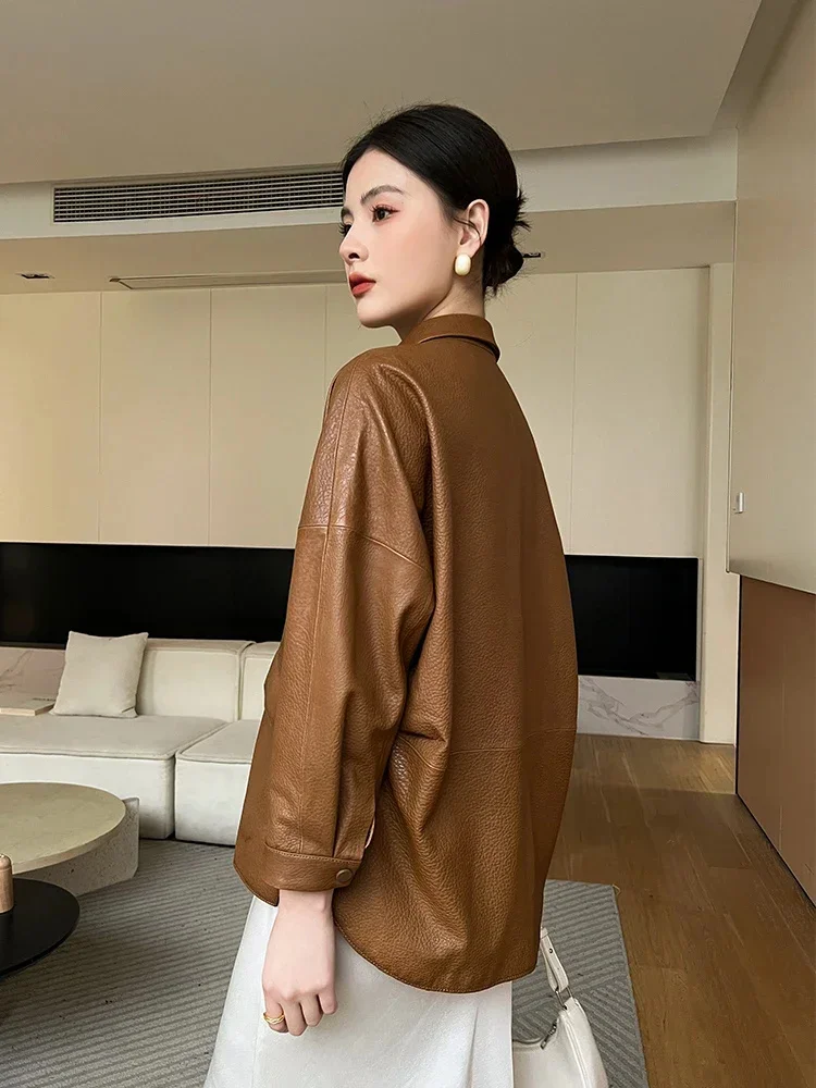 Motorcycle Casual Genuine Leather Jacket for Women Spring Autumn 2024 Trend High-end Simple Vintage Loose Sheepskin Coat