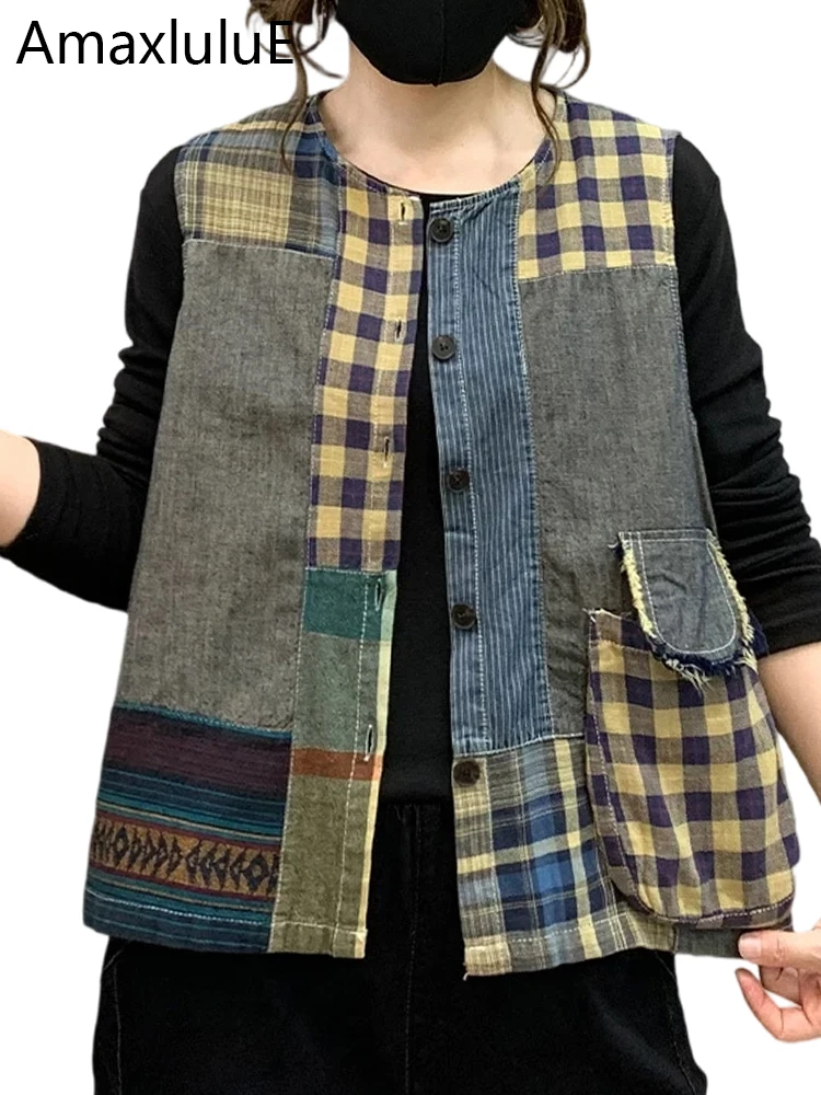 

Amax luluE Summer Plaid Tanks Coats Womens Luxury Vintage Loose Denim Vests Ladies Casual Fashion Patchwork Sleeveless Clothes