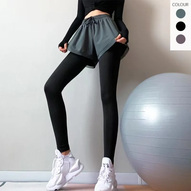 กางเกงกีฬาเอวยืดหยุ่น แห้งเร็ว แบบสองชิ้น กางเกงฟิตเนส วิ่ง กระชับสัดส่วน ยกกระชับสะโพก กางเกงโยคะ ผู้หญิง