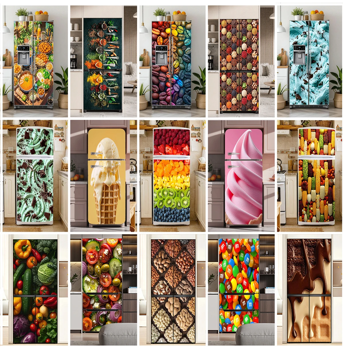 3D Realistic Food Fridge Sticker Waterproof Self-adhesive Peel and Stick Refrigerator Door Cover Decal Kitchen Decor Mural