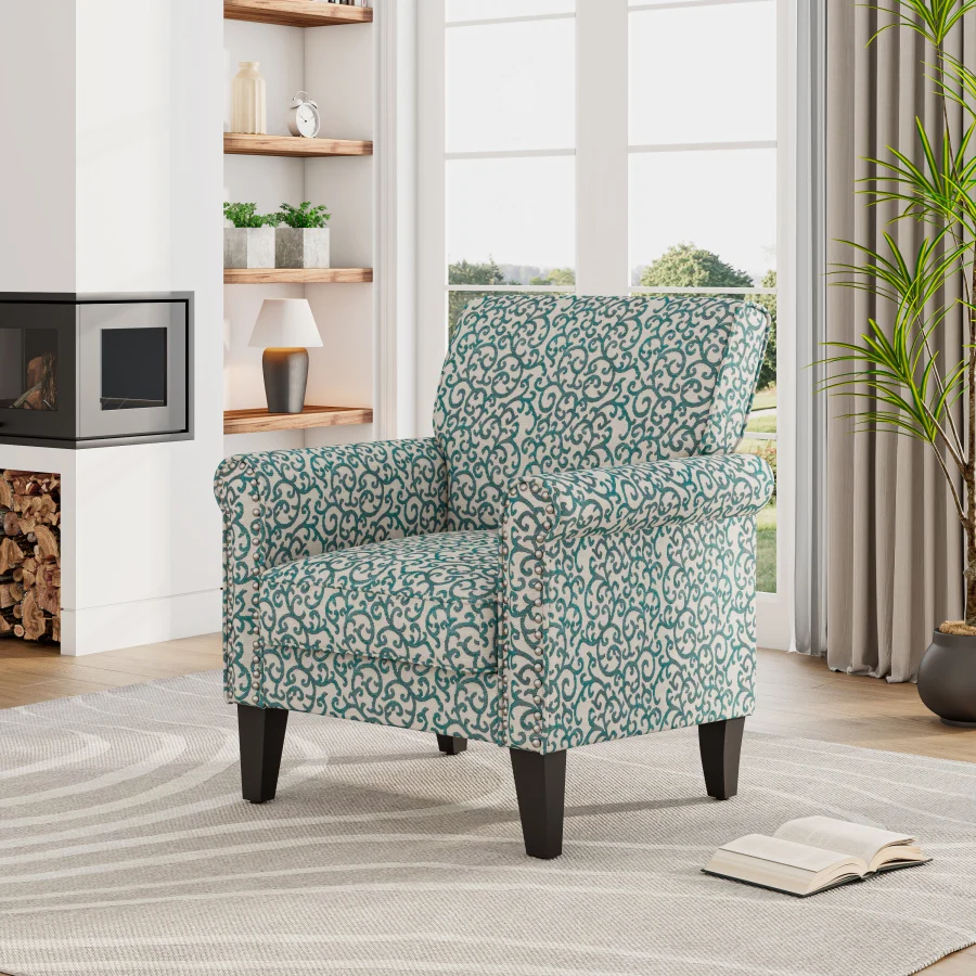 Barnet Accent Chair in Blue Curly Vine Pattern with Dark Brown Solid Wood Legs For Living, Dining Rooms