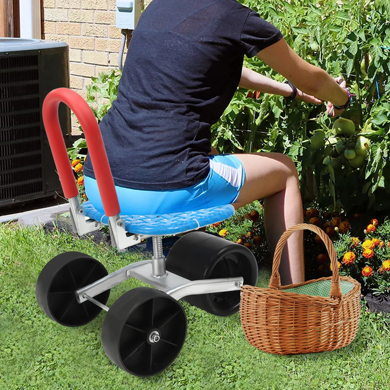 Garden Cart Work Seat Rolling Garden Stool Outdoor Lawn Yard Patio Wagon Scooter for Planting, Adjustable Height 360° Rotation