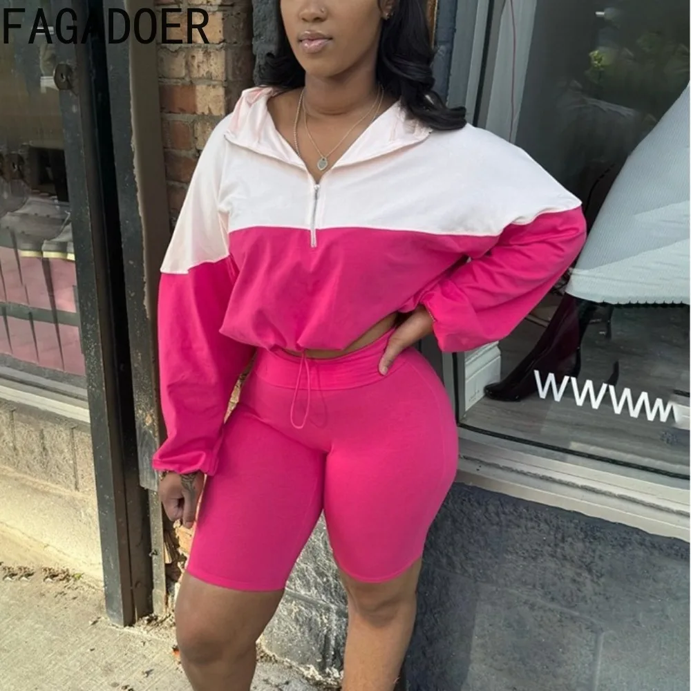 

FAGADOER Casual Color Patchwork Sporty Two Piece Sets Women Zip Long Sleeve Crop Top And Skinny Shorts Outfits Female Tracksuits