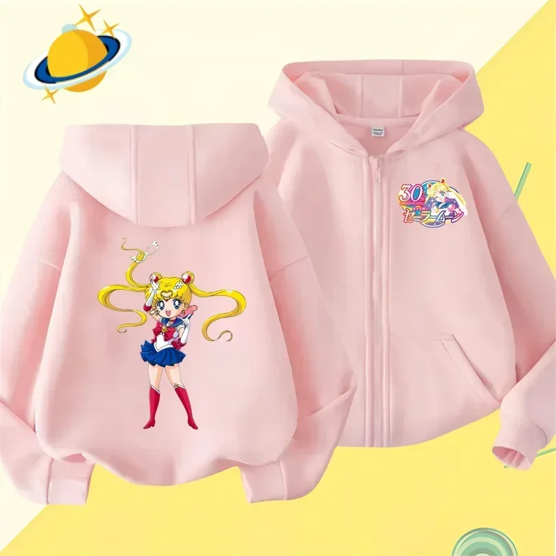 Anime Sailor Moon zipper hoodie for kids cartoon printed Fall/Winter long-sleeved sweatshirt casual girl Kawaii clothing