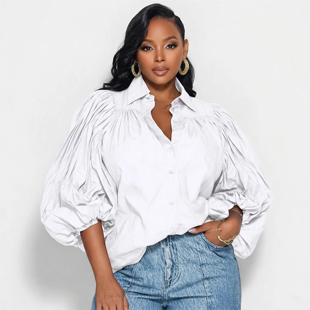 

Plus Size Puff Sleeve Blouse Women Turn Down Collar Button Down Shirt Oversized Balloon Sleeve Casual Elegant Office Party Top
