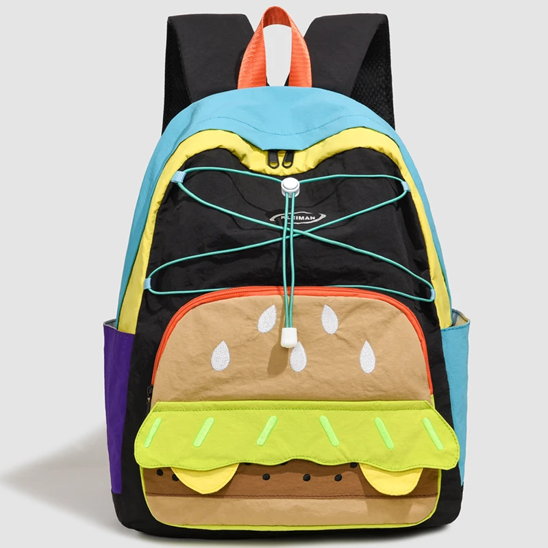 Cute 3D Hamburger Print Backpack Patchwork Rucksack Funny Cartoon Burger School Bag Teen Girls Large Capacity Travel Daypack