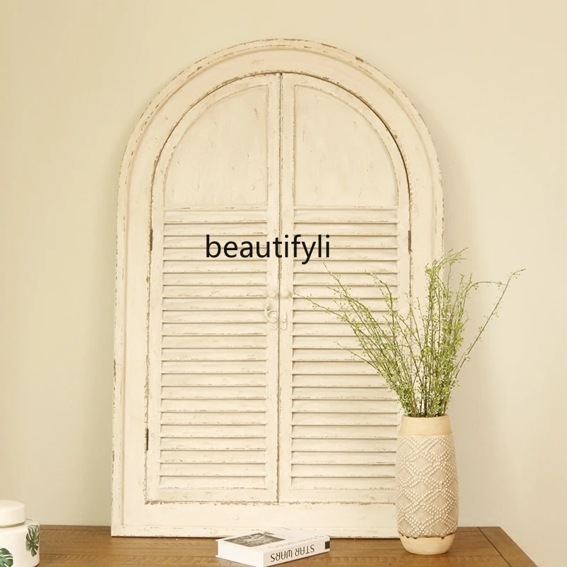 

zqRetro Double Door Wall Mirror Living Room Bedroom Creative Solid Wood Hanging Mirror Hallway Fake Window Wall Decoration