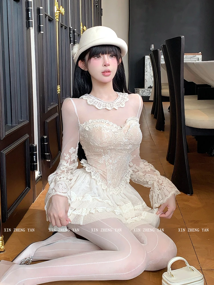 مزاجه الفرنسية الحلو الدانتيل كم طويل هيكل السمكة سليم الأعلى المرأة الخريف الشتاء أنيقة مأدبة عالية الخصر موضة الشاش تنورة