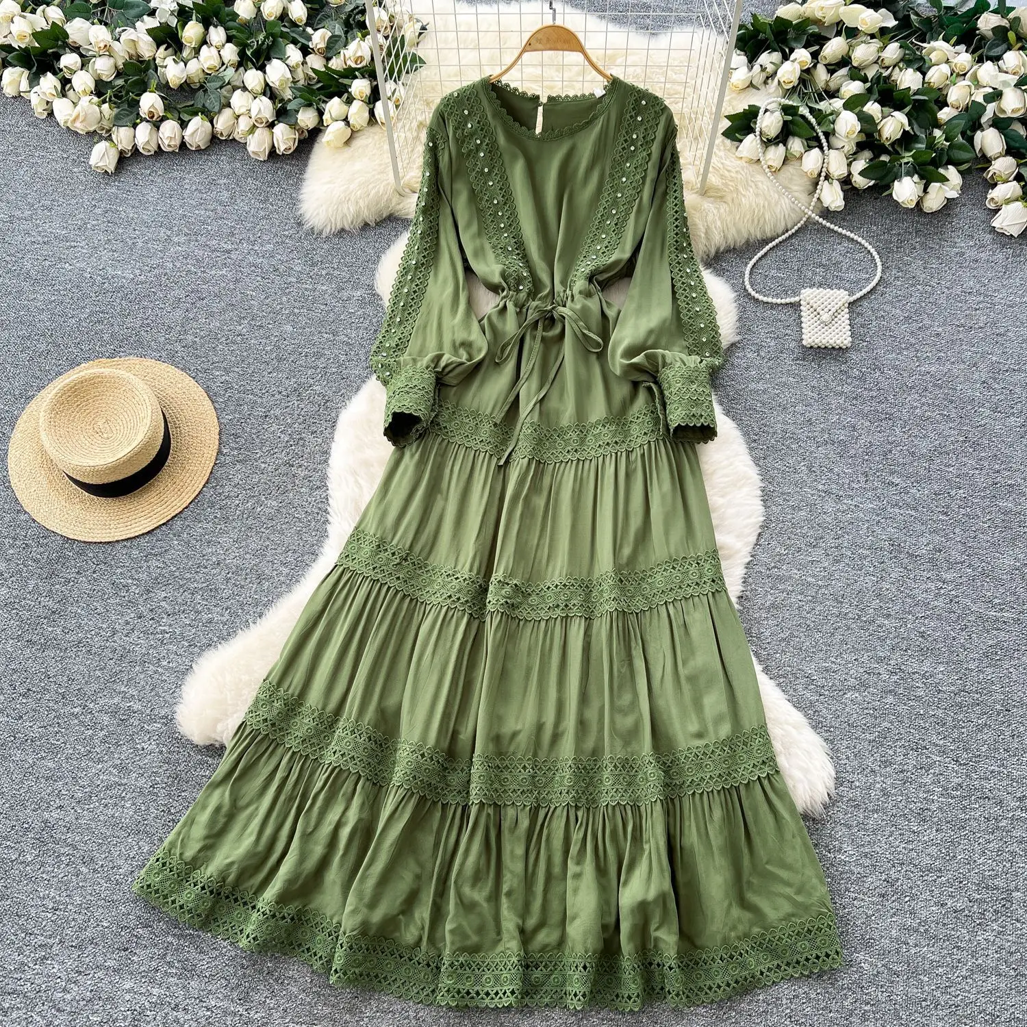 

Long Dress Women Dresses High Waist Vestidos Y2k Streetwear Round Neck Lantern Sleeve Elegant Party Night Work Drawstring 2025
