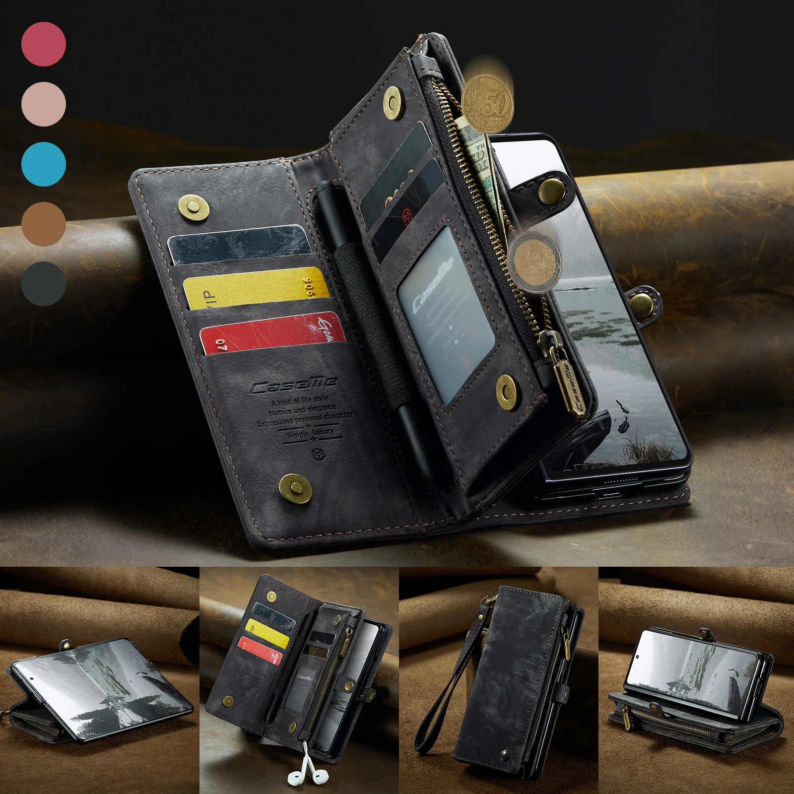 Case for Samsung Z Fold 7 6 5  Wallet Card Holder Zipper Strap PU Leather Flip with Pen Block Cover